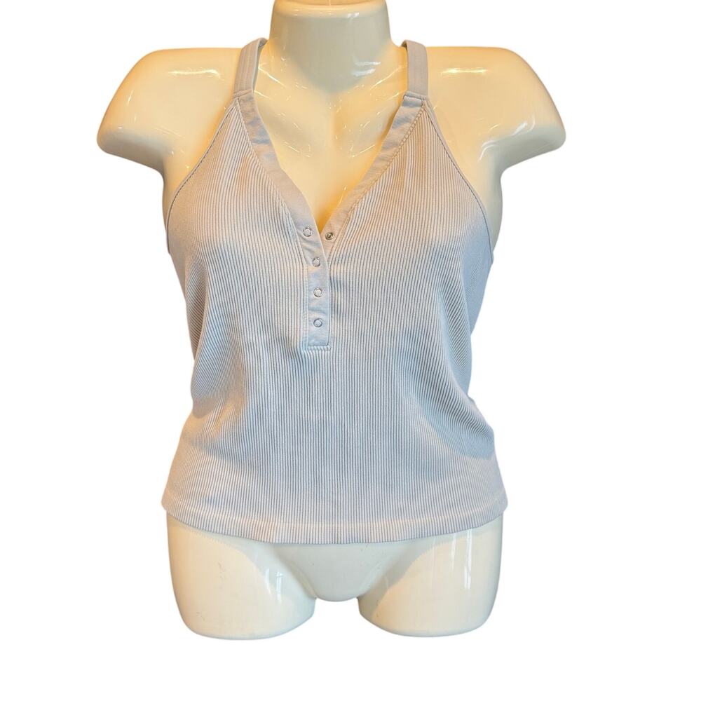 ODODOS Ribbed Henley Tank Top XL/XXL Light Blue Button Front Sleeveless